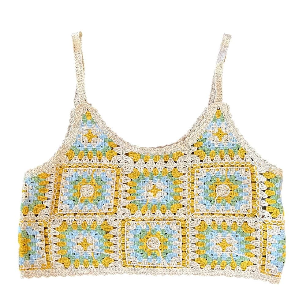 New In Crochet Crop Top Size Med Large Granny Squares Yellow Blue Boho Festival